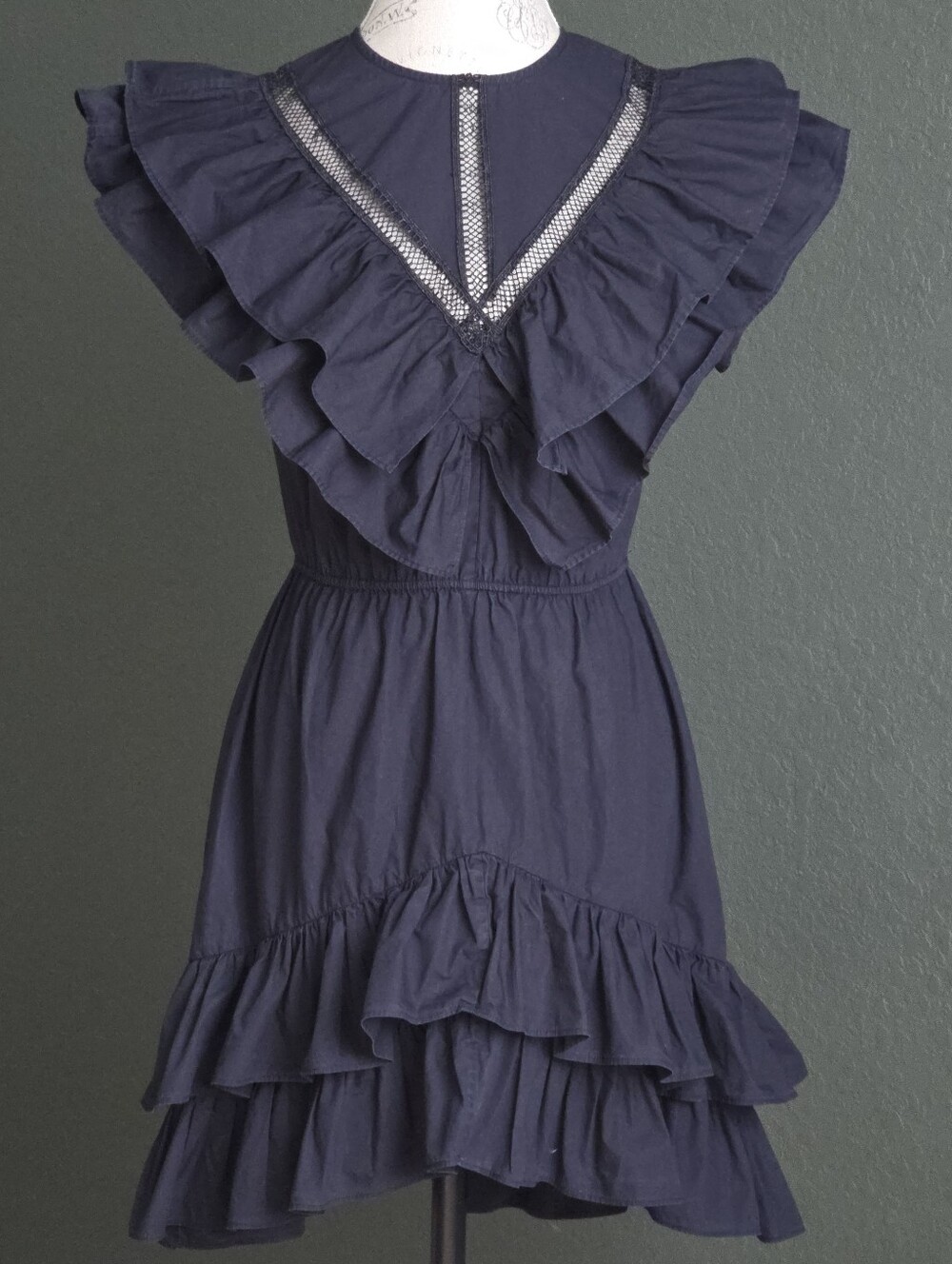 7 For All Mankind Ruffle Tiered Mini Dress, Size Small, Black Navy, Sleeveless